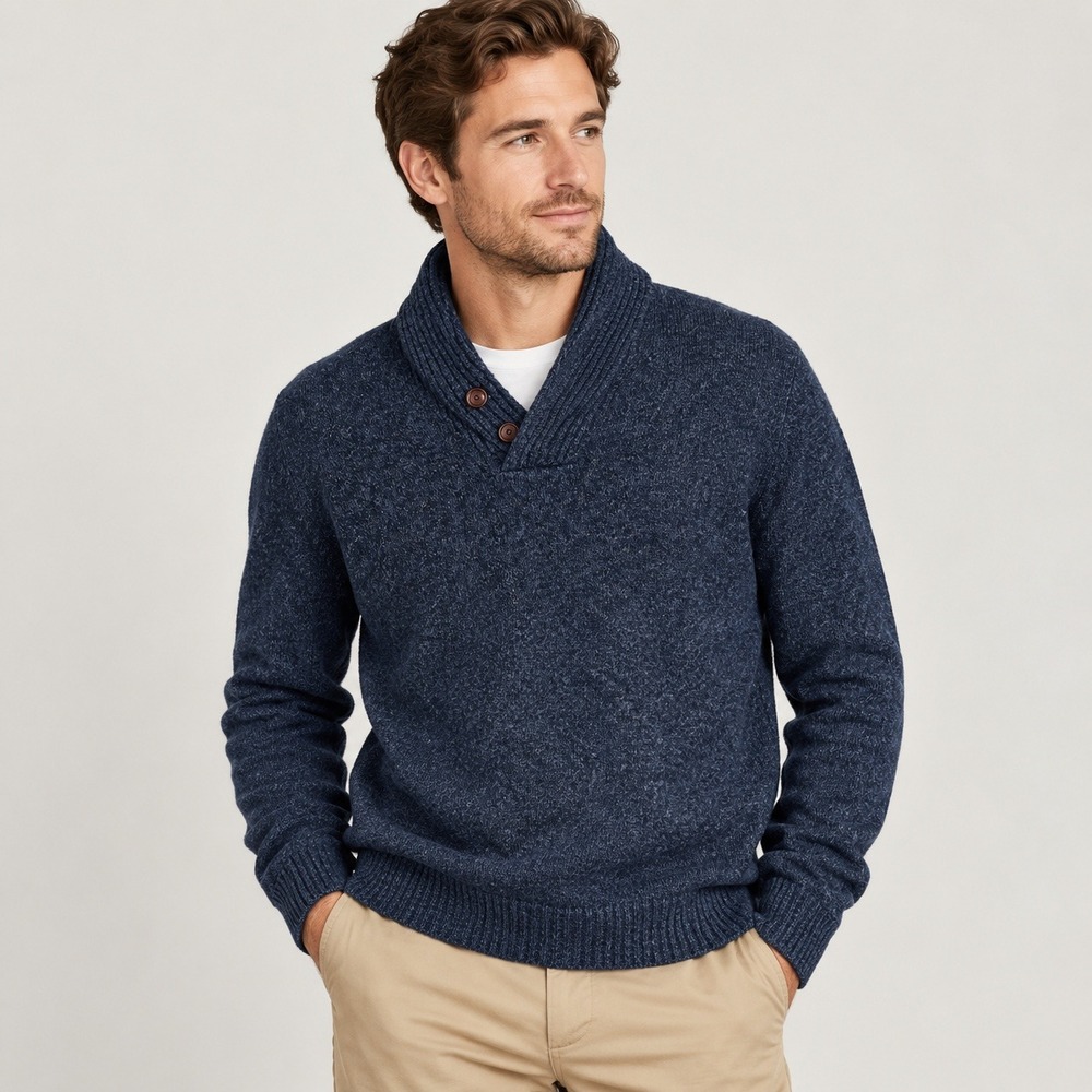 J.Crew Mens 100% Lambswool Shawl Collar Sweater Navy Blue L Preppy Heritage